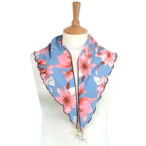 Douris - Small Scarf with Drop Pearl Tassels - Large Flower Blue