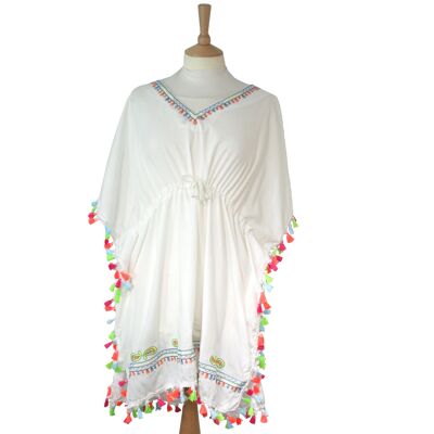 Evora - 100% Cotton Poncho with Tassels - White/Multicolured