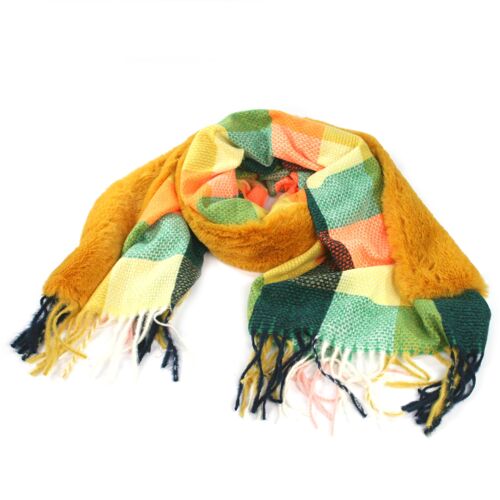 Serta - Faux Fur Trim on Large Shawl - Mustard on Check Pattern (70x180cm)