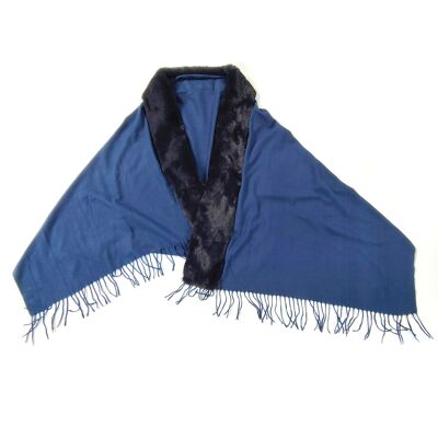 Serta - Faux Fur Trim on Large Shawl - Navy Blue