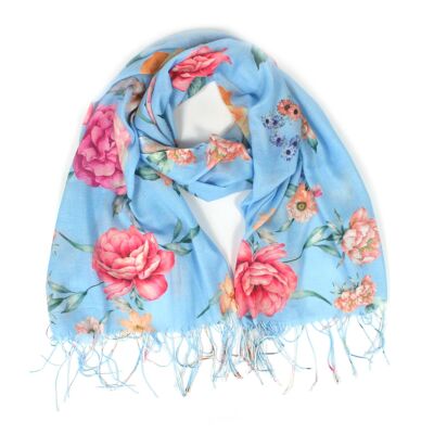 Capellen - Foulard Roses à Pompons - Bleu Clair (70x180cm)