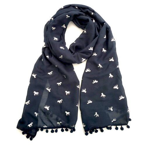 Biniali - Horse Scarf with PomPom - Navy Blue