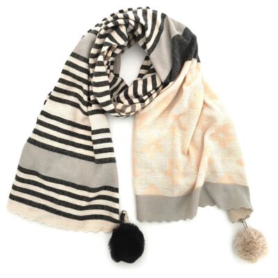 Coria - Motivo Floreale con PomPom Grandi - Blu/Naturale (65x180cm)