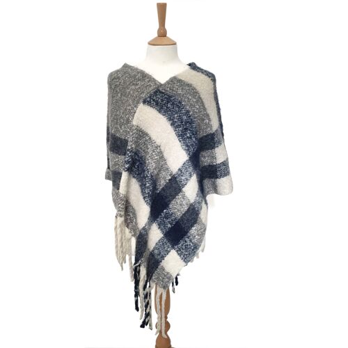 Blue & White Check Poncho - Thick Cosy Feel