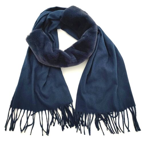 Yuva - Faux Fur Collar Scarf - Navy Blue (70x180cm)