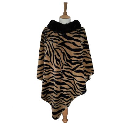Tiger Pattern Faux Fur Poncho with Black Collar
