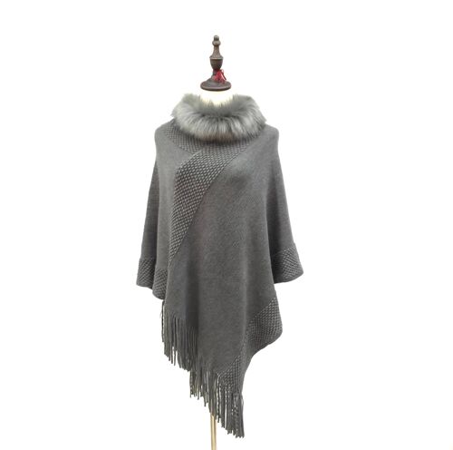Knitted Style Poncho with Faux Fur Collar - Grey