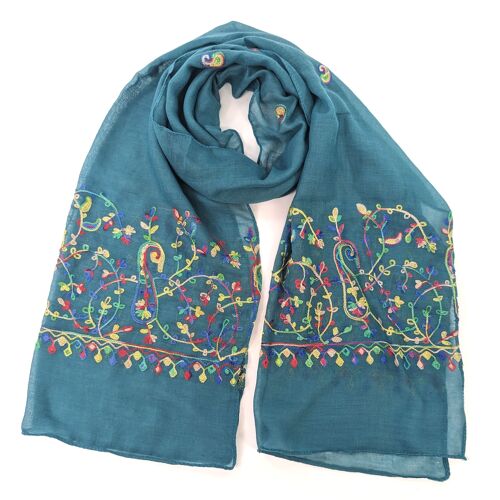 Pakane - Embroidery Scarf - Teal Blue