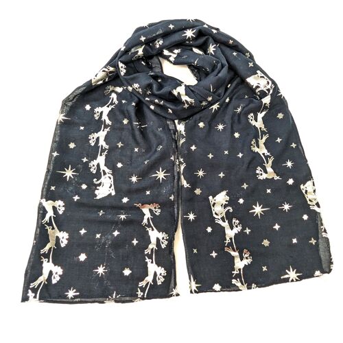 Santa and his Sleigh Scarf - Silver on Navy