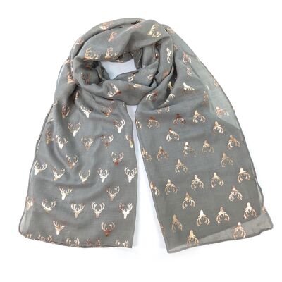 Seli - Stag Head Scarf - Rose Gold on Grey