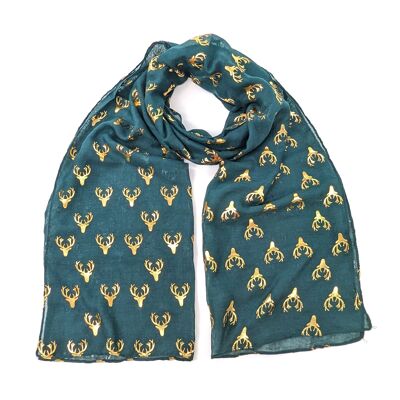 Seli - Stag Head Scarf - Gold on Dark Green