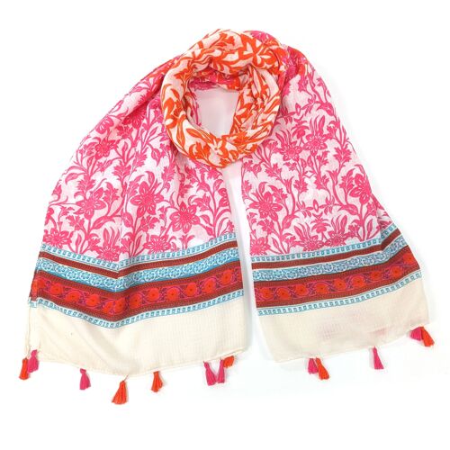 Juri - Bordered Flower Scarf - Pink/Orange (80x180cm)