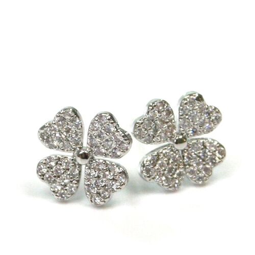 Diamante Four Leaf Clover Stud Earrings - Platinum Plated