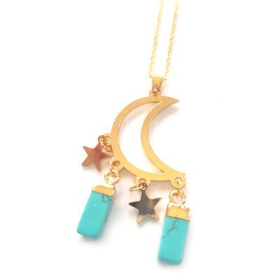 Moon, Stars and Turquoise Necklace - Gold