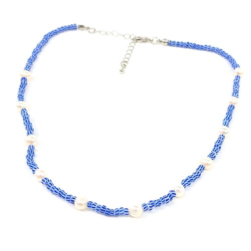 Seed and Pearl Bead Necklace - Blue