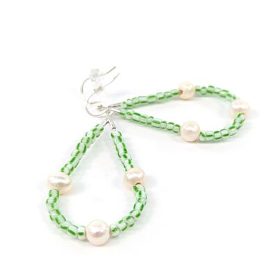 Seed and Pearl Bead Hoop Earrings - Green