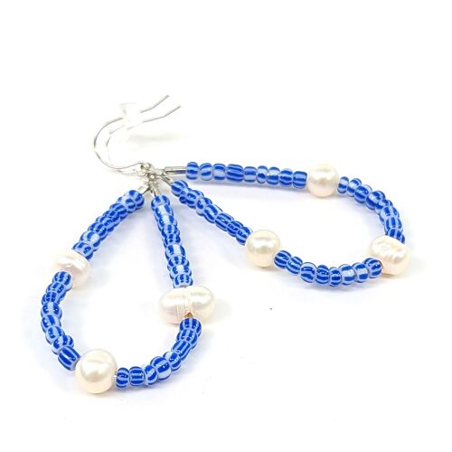 Seed and Pearl Bead Hoop Earrings - Blue