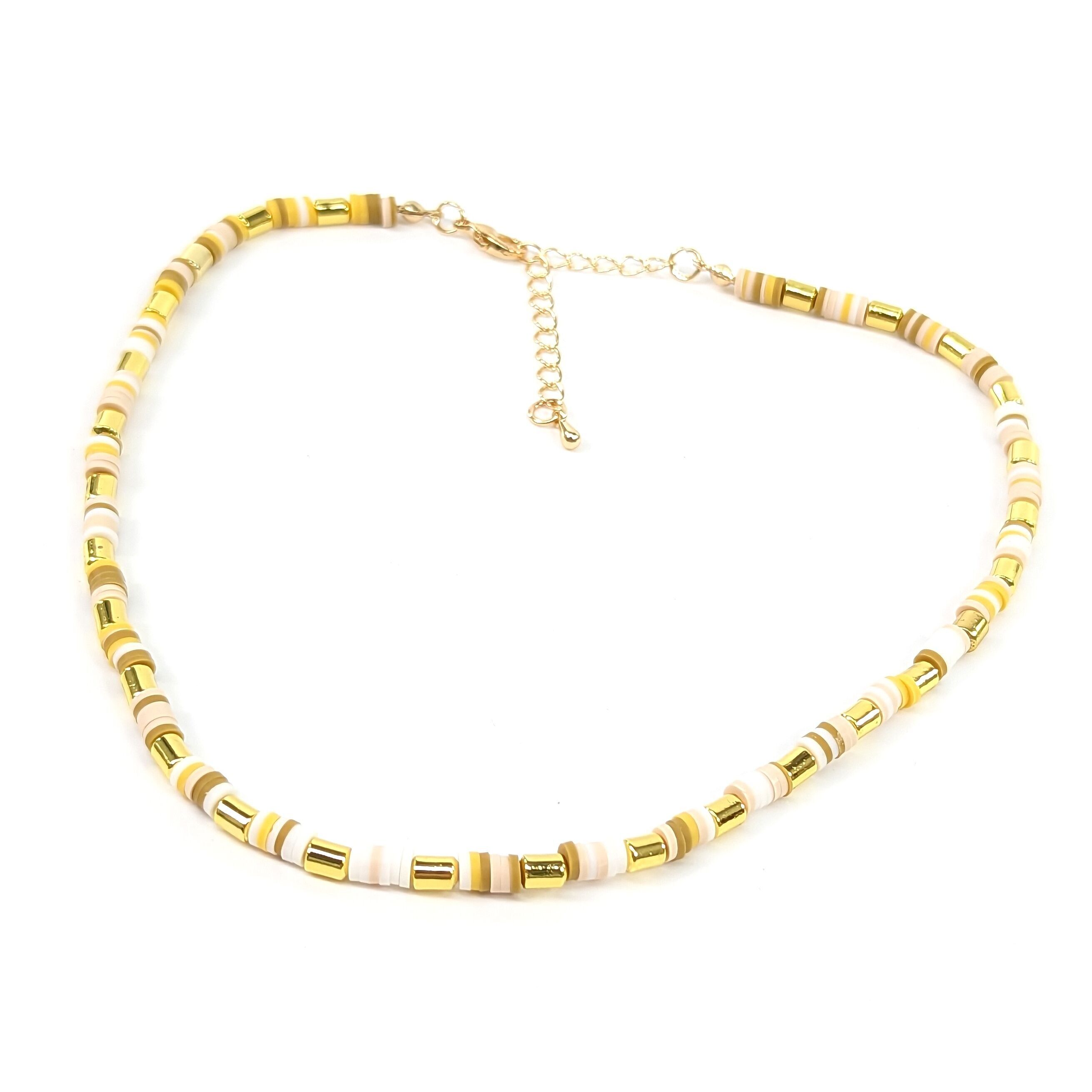 Clay & Acrylic Bead Necklace - White/Gold