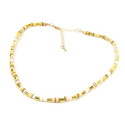 Collier de perles en argile et acrylique - Blanc/Or