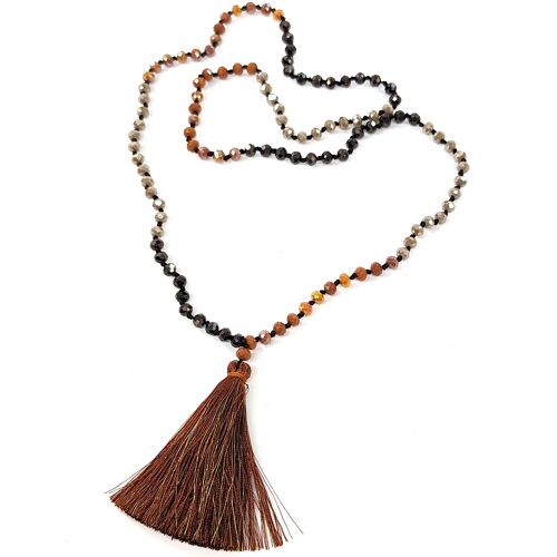 Beaded Long Necklace with Tassel - Metallics
