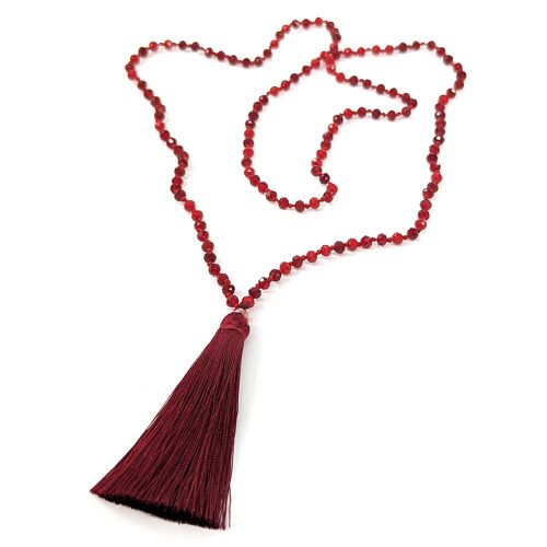 Beaded Long Necklace with Tassel - Crimson