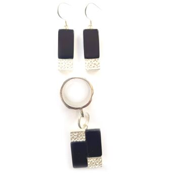 Parure bijoux et boucles d'oreilles écharpe Rectangles - Agate noire