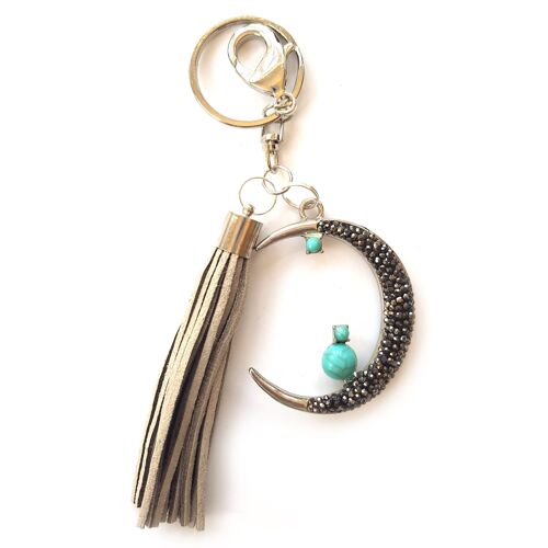 Turquoise Cat on a Moon Keyring with Tassel