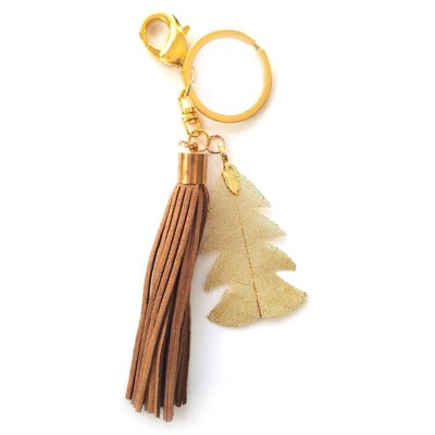 Portachiavi con albero di Natale in vera foglia d'oro con nappa