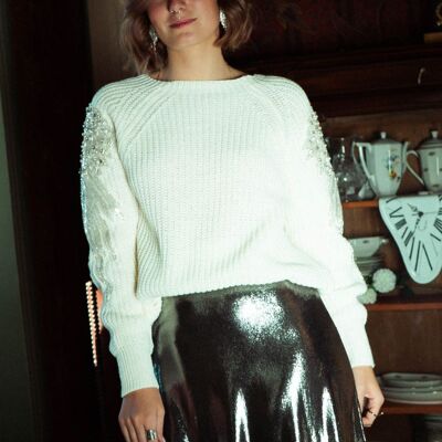 ALINE White sweater with pearls and silver sequins
