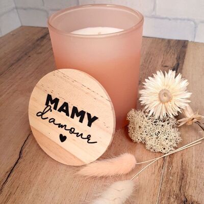 Candela profumata Mamy d'amour diametro 8 cm rosa cipria - coperchio in legno stampato