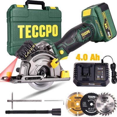 Sierra circular inalámbrica TECCPO, 18 V 4.Batería de 0Ah, 4.Cargador Rápido 0A, Guía Láser, Caja de Transporte, Velocidad 3.100 RPM, 3 Cuchillas Ø 89mm, Apto para Cortar Madera, Metal, Tejas