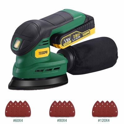 TECCPO Cordless Orbital Sander, 18V Sander with 12 Pieces Sandpapers, 2.0 Ah Battery with Fast Charger, 12,000 OPM with Efficient Dust Collection System - PMDS01D