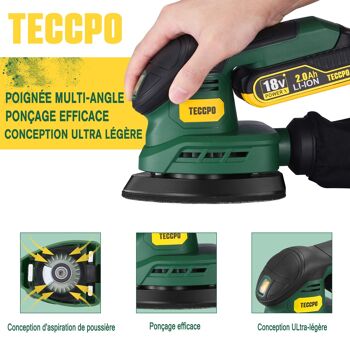 Ponceuse Vibrante sans fil TECCPO, ponceuse 18V avec papiers abrasifs 12 pièces, 2,0 Ah batterie avec chargeur rapide, 12 000 OPM avec système de dépoussiérage efficace - PMDS01D 2