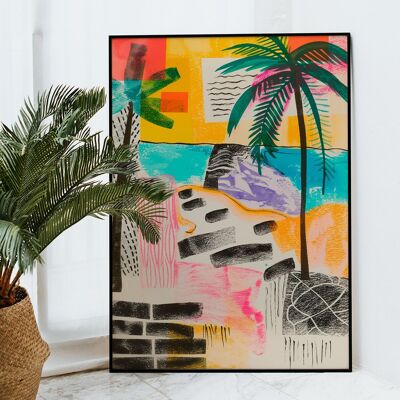 Tropisches Palmen Poster • mit Illustration • Wandbild für's Wohnzimmer • bunte Illustration • Kunstdruck mit Palmen