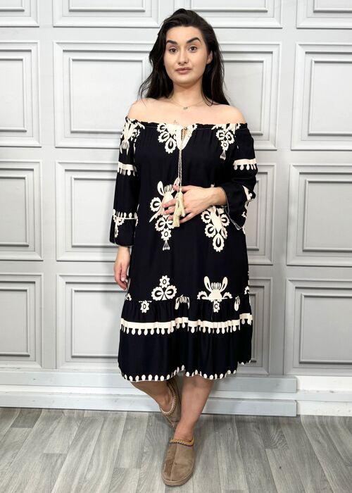 Printed Midi Dress with Braided Tassels