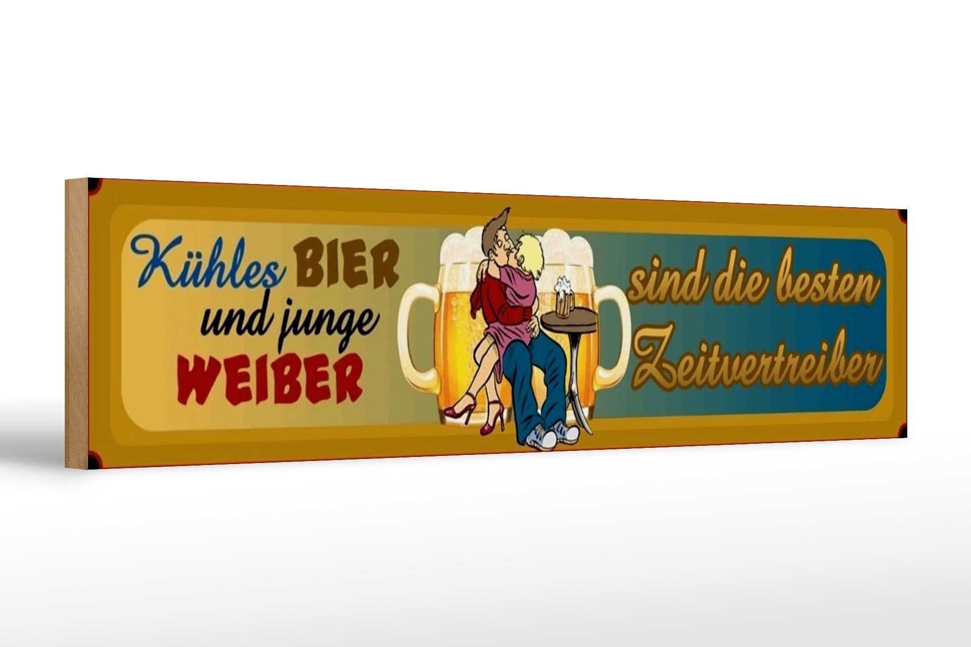 Cartello in legno con scritta "birra fresca" 46x10 cm. Le giovani donne passano il tempo