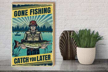 Panneau en bois rétro 30x40cm Gone Fishing, panneau décoratif de pêche 3
