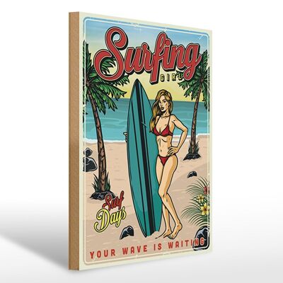 Cartello in legno retrò 30x40 cm Pin Up Surfing Girl Summer Party Sign