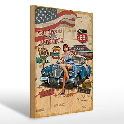 Cartello in legno retrò 30x40 cm Pinup Car Travel attraverso il cartello America
