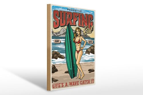 Holzschild Pinup 30x40cm Surfing Girl Paradise Sommer Deko Schild