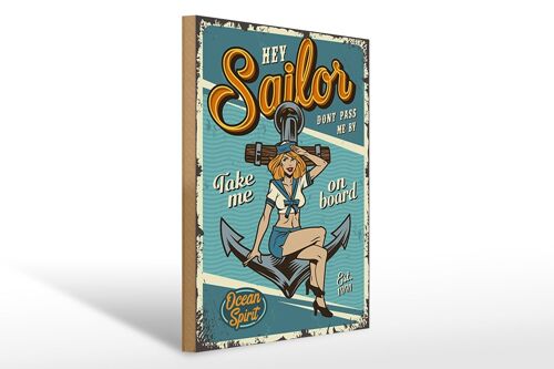 Holzschild Retro 30x40cm Pinup hey Sailor Ocean spirit See Schild
