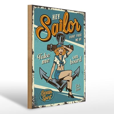Cartello in legno retrò 30x40 cm Pinup hey Sailor Ocean spirit lago segno