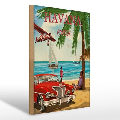 Panneau en bois La Havane 30x40cm Cuba rétro signe de palmier de vacances