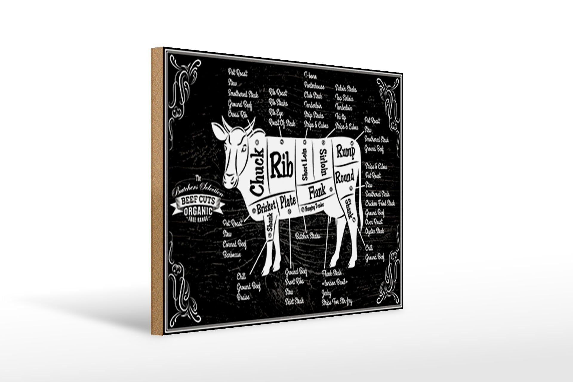Cartello in legno Mucca 40x30 cm Tagli di manzo Cartello decorativo in legno di macelleria biologica