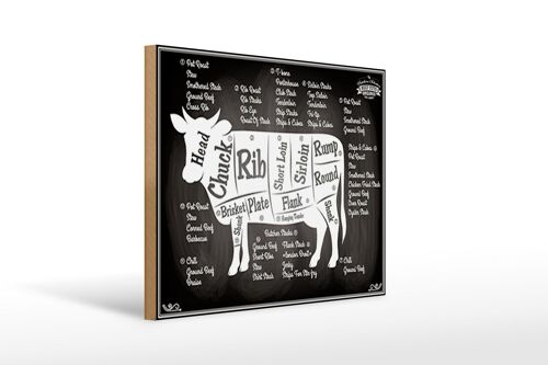 Holzschild Kuh 30x40cm Beef cuts Organic Fleisch Metzgerei Schild