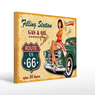 Cartello in legno Pinup 40x30 cm Retro Gas Oil aperto 24 ore su 24