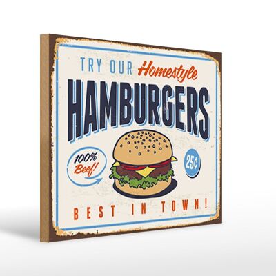 Holzschild Retro 40x30cm hamburgers best in town Schild