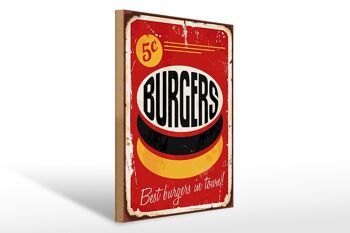 Panneau en bois rétro 30x40cm, burgers best in town, panneau décoratif de restauration rapide 1
