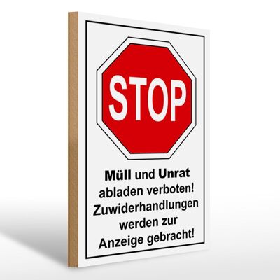 Letrero de madera aviso 30x40cm Señal prohibida Stop basura y basura