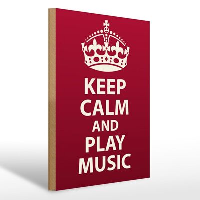 Cartello in legno con scritta "Keep Calm and play Music" 30x40 cm. Segno della corona